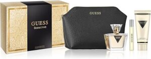 GUESS Seductive Women/Femme Eau de Toilette 4 Piece Gift Set – Perfume Spray 2.5 Fl. Oz. Travel Spray 0.5 Fl. Oz., Body Lotion 3.4 Fl. Oz., & Pouch